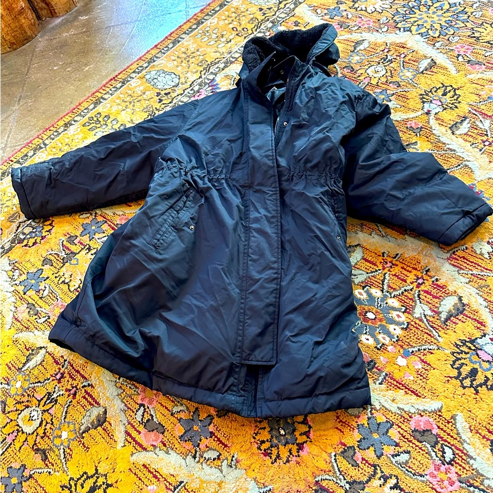 Ava Viv 3x warm mid thigh jacket Blk lined hood snaps zipper drawstring pockets